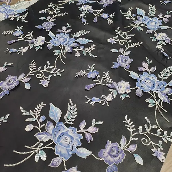 Contas de apliques de flores bordadas 3D e tecido de renda bordado com lantejoulas