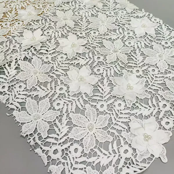 Tecido de renda floral 3D Fabric pérolas de água de água de bordado de cordão solioso