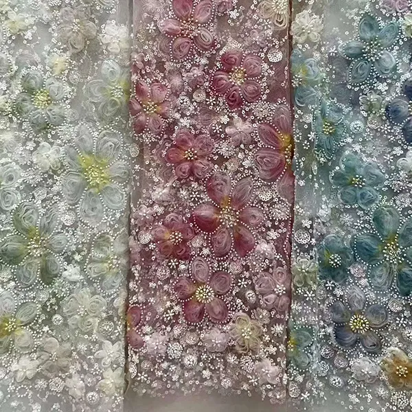 Tecido de rede para bordado de flores em fita 3D com lantejoulas e miçangas