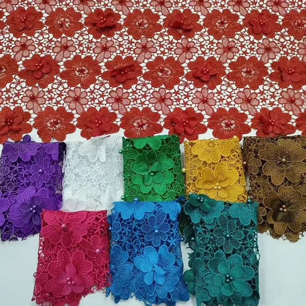 3d Flower Water Soluble Lace Fabric Embroidered Bead Guipure Lace Fabric