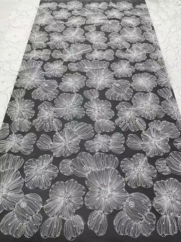 3d Ribbon Flower Embroidery Net Fabric With Sequins And Beads