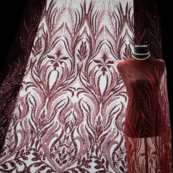 Luxo ecológico vermelho frisado nupcial bordado renda lantejoulas malha tule vestido de casamento tecidos feminino 100% poliéster
