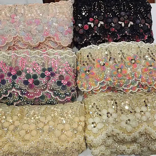 Renda bordada multicolorida com fita de flores de malha 3D com contas de tubo de renda bordada com código de barras