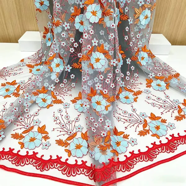 Tecido de renda de malha bordado multicolorido vintage para vestidos