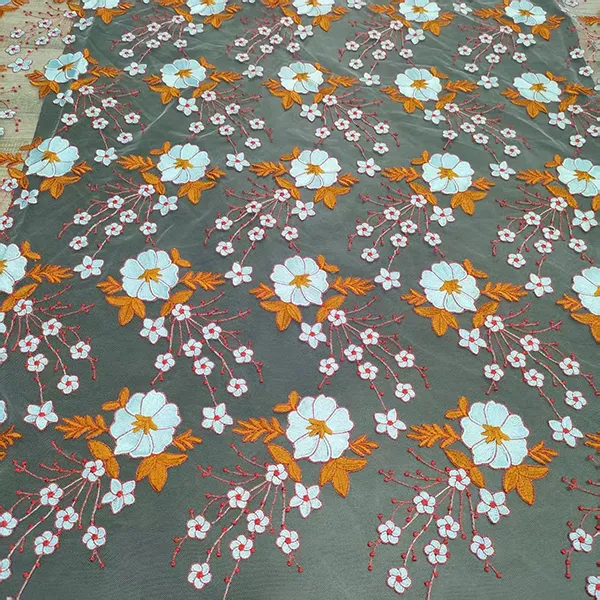 Tecido de renda de malha bordado multicolorido vintage para vestidos