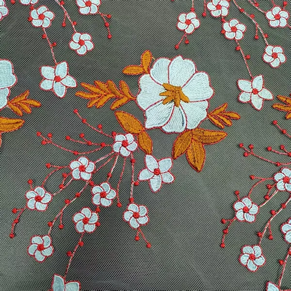 Tecido de renda de malha bordado multicolorido vintage para vestidos