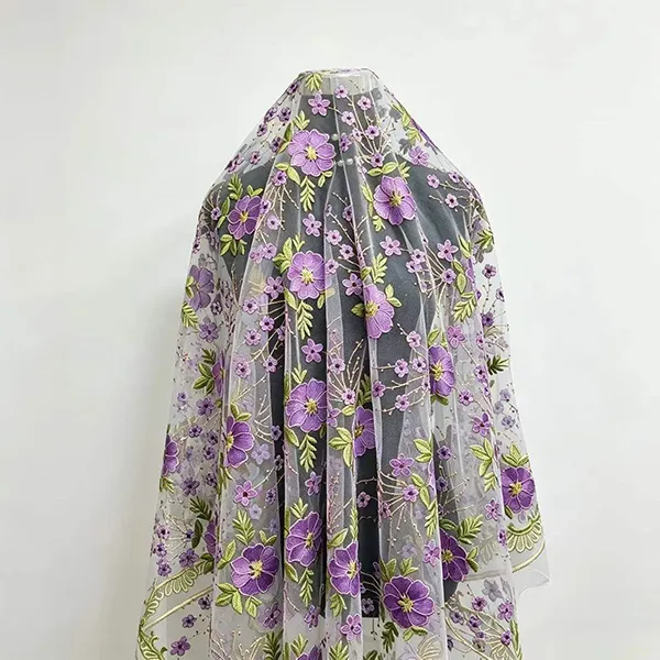 Tecido de renda de malha bordado multicolorido vintage para vestidos