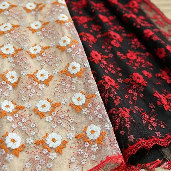 Tecido de renda de malha bordado multicolorido vintage para vestidos